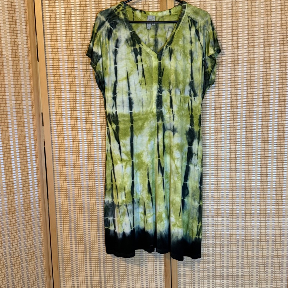 Sahalie Womens Green Black Tie Dye V-Neck Short Sleeve Jersey Shift Dress Medium